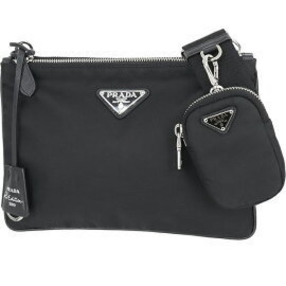 Prada Double Zip Bag Triangle Re Nylon Saffiano Black Nylon Crossbody - Picture 1 of 6